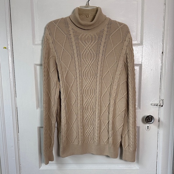 John Blair Sweater Sz M Chunky Cable Knit Fisherman Turtleneck Cotton Neutral - Picture 12 of 13